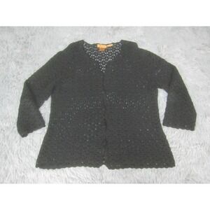 Milano Womens Cardigan Top Black Large Hand Knit Crochet Open Weave Linen Blend